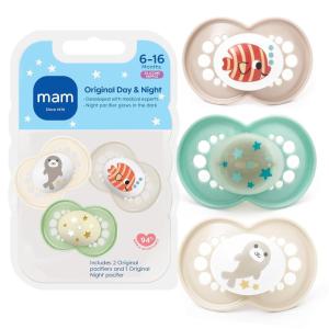 image:imageMAM Original Baby Pacifiers 06 Months Binky for Newborn Babies BPAFree Skin Soft Silicone Nipple Glows in The Dark Developed with Medical Experts 3 Count Made in EuropeCotton  Teal  Shell