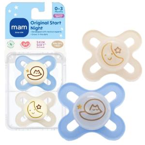 image:imageMAM Original Start Baby Pacifiers 03 Months BPAFree Skin Soft Silicone Nipple Glows in The Dark Developed with Medical Experts Specially for Smaller Newborn Mouths 2 Pk with Sterilizer CasePowder BlueLinen