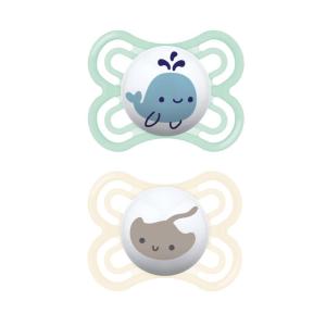 image:imageMAM Perfect Baby Pacifier 06 Months Extra Thin Nipple Developed with Orthodontists Clinically Proven Glows in The Dark BPAFree Silicone Pack of 2 Made in EuropeBlue  Beige