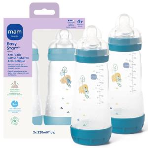 image:imageMAM 11oz Easy Start AntiColic Wide Neck Baby Bottle Fast Flow BreastfeedingLike Nipple Reduces Colic Gas amp Reflux Easy to Clean BPA Free 4 Months Made in Europe 2 PackBlue Teal