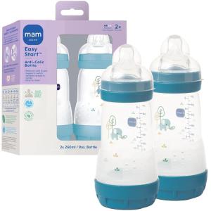 image:imageMAM 9oz Easy Start AntiColic Wide Neck Baby Bottle Medium Flow BreastfeedingLike Nipple Reduces Colic Gas amp Reflux Easy to Clean BPA Free 2 Months Bonus Fast Flow Nipple 4 PackBlue Teal