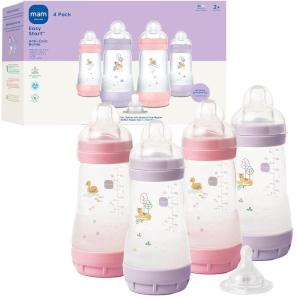 image:imageMAM 9oz Easy Start AntiColic Wide Neck Baby Bottle Medium Flow BreastfeedingLike Nipple Reduces Colic Gas amp Reflux Easy to Clean BPA Free 2 Months Bonus Fast Flow Nipple 4 PackPurple Iris  Pink Fairy Dust