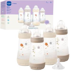 image:imageMAM 9oz Easy Start AntiColic Wide Neck Baby Bottle Medium Flow BreastfeedingLike Nipple Reduces Colic Gas amp Reflux Easy to Clean BPA Free 2 Months Bonus Fast Flow Nipple 4 PackShell  Cotton