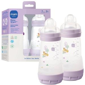 image:imageMAM 9oz Easy Start AntiColic Wide Neck Baby Bottle Medium Flow BreastfeedingLike Nipple Reduces Colic Gas amp Reflux Easy to Clean BPA Free 2 Months Bonus Fast Flow Nipple 4 PackPurple Iris