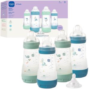 image:imageMAM 9oz Easy Start AntiColic Wide Neck Baby Bottle Medium Flow BreastfeedingLike Nipple Reduces Colic Gas amp Reflux Easy to Clean BPA Free 2 Months Bonus Fast Flow Nipple 4 PackTeal  Pale Mint