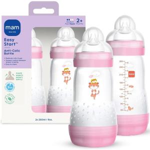 image:imageMAM 9oz Easy Start AntiColic Wide Neck Baby Bottle Medium Flow BreastfeedingLike Nipple Reduces Colic Gas amp Reflux Easy to Clean BPA Free 2 Months Bonus Fast Flow Nipple 4 PackPink