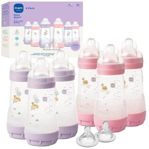 image:imageMAM 9oz Easy Start AntiColic Wide Neck Baby Bottle Medium Flow BreastfeedingLike Nipple Reduces Colic Gas amp Reflux Easy to Clean BPA Free 2 Months Bonus Fast Flow Nipple 4 PackPurple Iris  Pink Fairy Dust