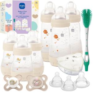 image:imageMAM Newborn Essentials AntiColic Baby Bottle amp Pacifier Set 6 Easy Start Bottles 5oz amp 9oz 8 SkinSoft Nipples SlowXFast Flow  SelfSterilizing Glow in The Dark Pacifiers amp BrushShell