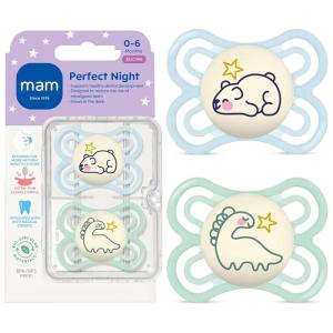 image:imageMAM Perfect Baby Pacifier 06 Months Extra Thin Nipple Developed with Orthodontists Clinically Proven Glows in The Dark BPAFree Silicone Pack of 2 Made in EuropeBlue Sky Pale Mint