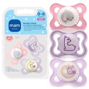 image:imageMAM Variety Pack Baby Pacifier Includes 3 Types of Pacifiers Nipple Shape Helps Promote Healthy Oral Development 3 Pack 06 Months GirlPurple IrisFairy Dust